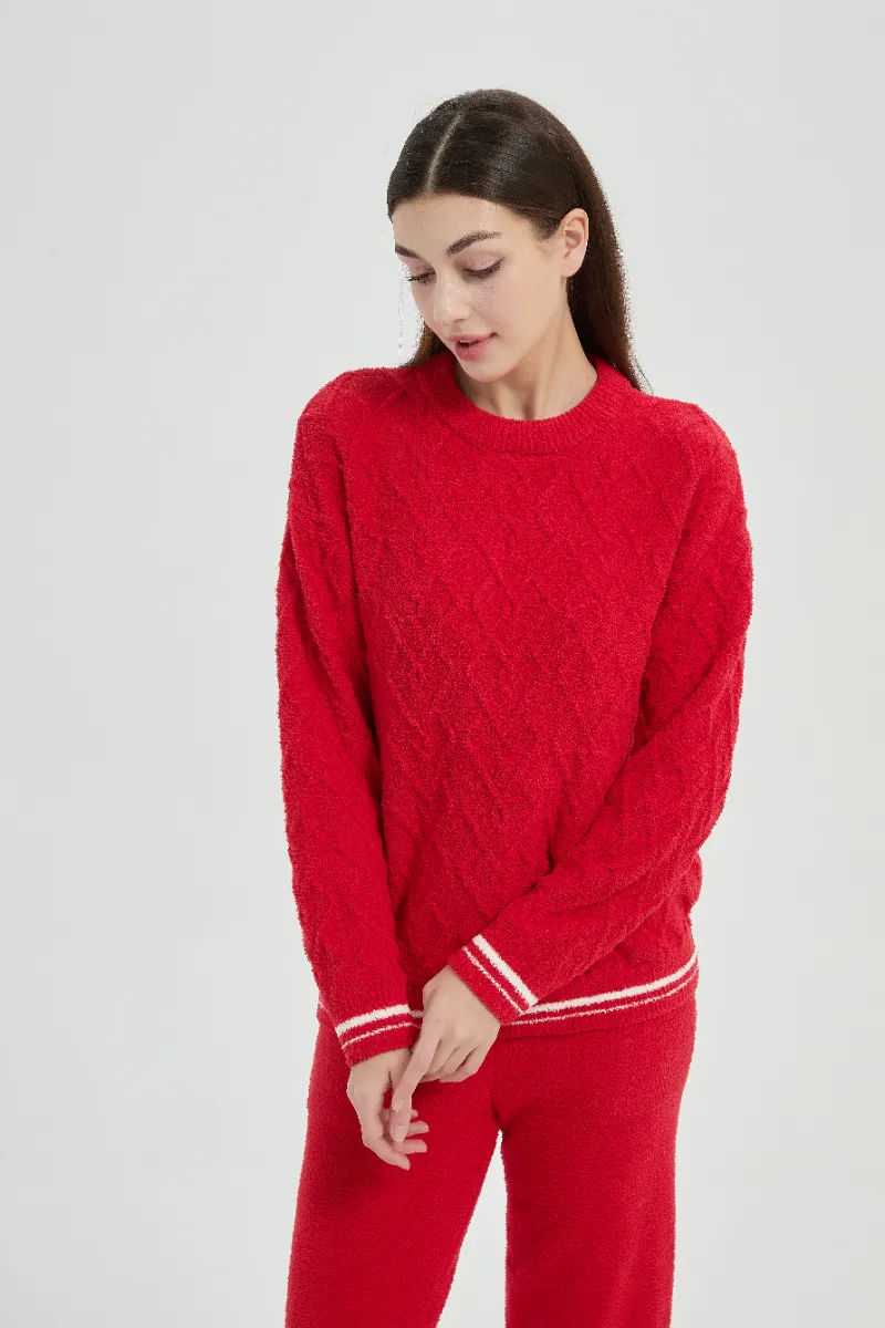 Voľný plyšový červený dámsky fleecový pyžamový set